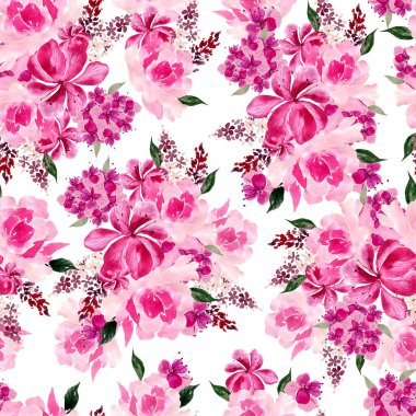 Güller ve şakayık çiçeklerle sulu boya desenli. Görüntü