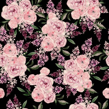 Güller ve şakayık çiçeklerle sulu boya desenli. Görüntü