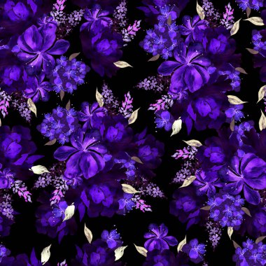 Güller ve şakayık çiçeklerle sulu boya desenli. Görüntü