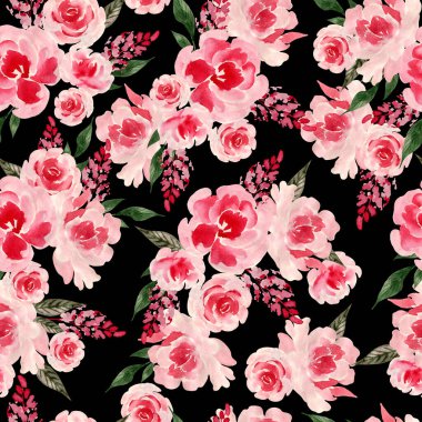 Güller ve şakayık çiçeklerle sulu boya desenli. Görüntü