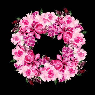 Güllü ve şakayık çiçekli suluboya çelenk. Görüntü