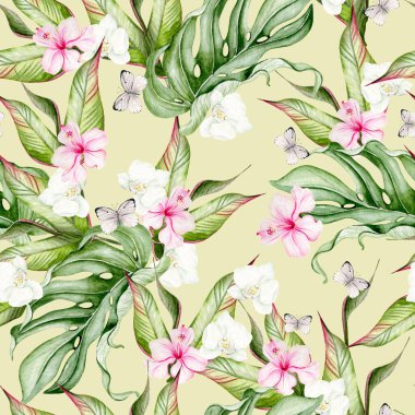 Güzel suluboya tropikal desenli, çiçekli ve tropikal yapraklı. İlüzyon