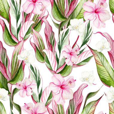 Güzel suluboya tropikal desenli, çiçekli ve tropikal yapraklı. İlüzyon