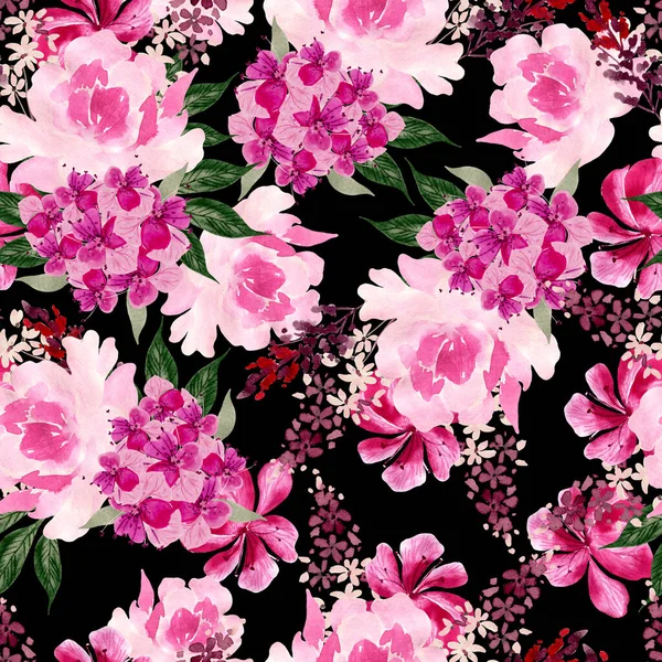 Akvarell Sömlöst Mönster Med Rosor Pion Och Hortensia Blommor Illustration — Stockfoto