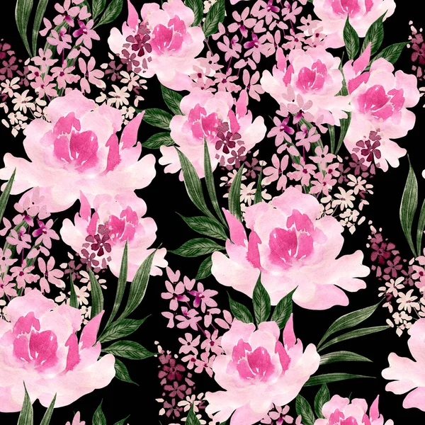 Υδατογραφία Αδιάλειπτη Μοτίβο Τριαντάφυλλα Και Παιώνιες Λουλούδια Εικονογράφηση — Φωτογραφία Αρχείου