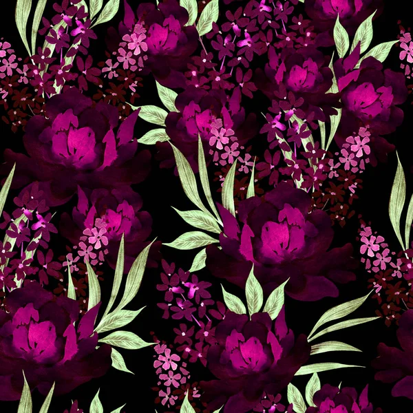 Akvarell Sömlöst Mönster Med Rosor Och Pion Blommor Illustration — Stockfoto