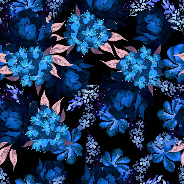 Güller Şakayıklar Ortanca Çiçekleriyle Sulu Boya Deseni Görüntü — Stok fotoğraf