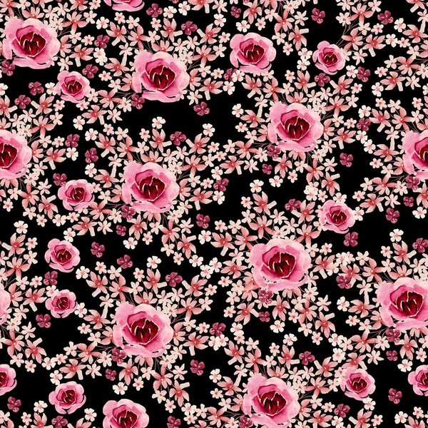 Acquerello Modello Senza Soluzione Continuità Con Rose Fiori Peonia Illustrazione — Foto Stock