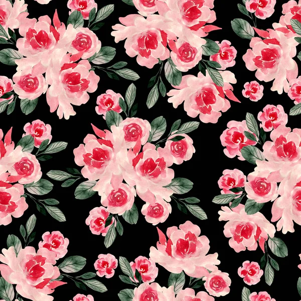 Acquerello Modello Senza Soluzione Continuità Con Rose Fiori Peonia Illustrazione — Foto Stock