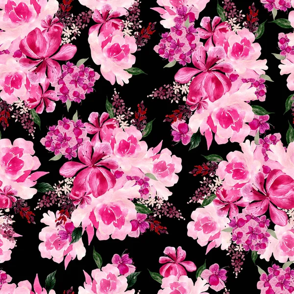 Akwarela Bezszwowy Wzór Róż Kwiatów Piwonii Ilustracja — Zdjęcie stockowe