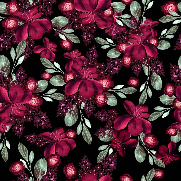 Patrón Sin Costura Acuarela Con Flores Ilustración — Foto de Stock