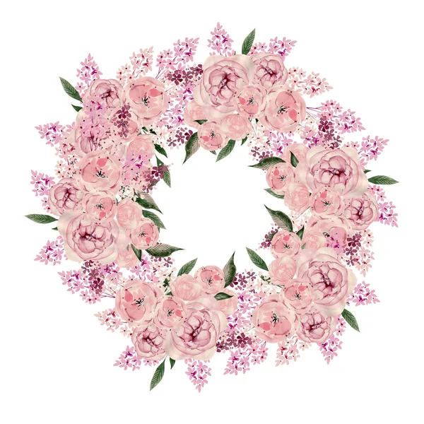 Akvarell Koszorú Rózsákkal Bazsarózsa Virágokkal Illusztráció — Stock Fotó