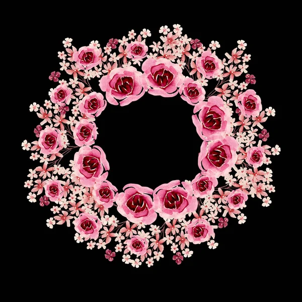 Akvarell Koszorú Rózsákkal Bazsarózsa Virágokkal Illusztráció — Stock Fotó