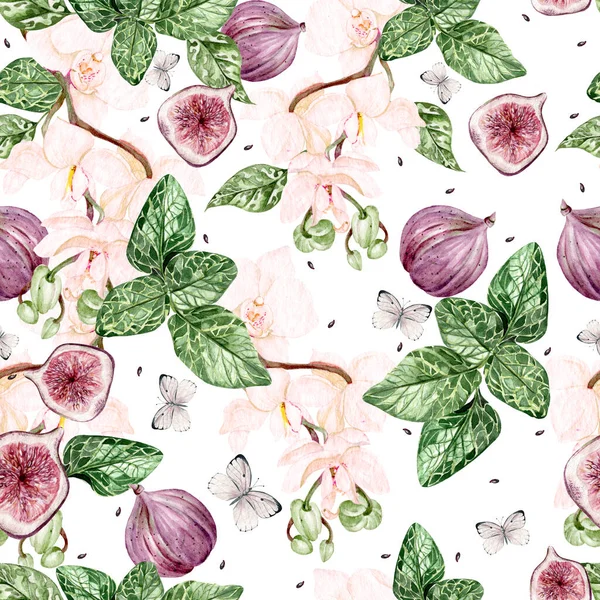 Belle Aquarelle Motif Lumineux Avec Des Fleurs Orchidée Des Fruits — Photo