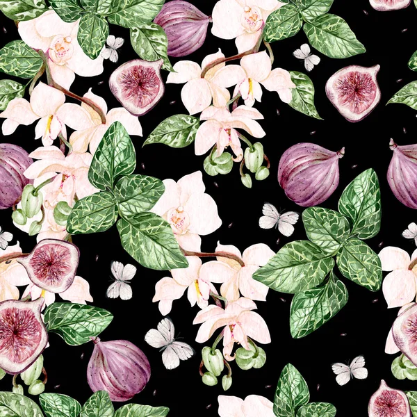 Όμορφη Ακουαρέλα Φωτεινό Μοτίβο Ορχιδέα Λουλούδια Και Φρούτα Σύκο Εικονογράφηση — Φωτογραφία Αρχείου