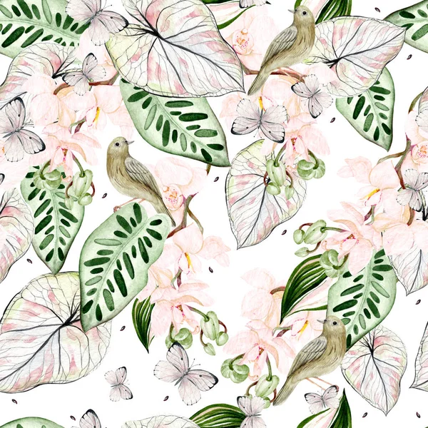 Mooie Aquarel Naadloos Patroon Met Tropische Bladeren Orchideeën Bloem Vogel — Stockfoto