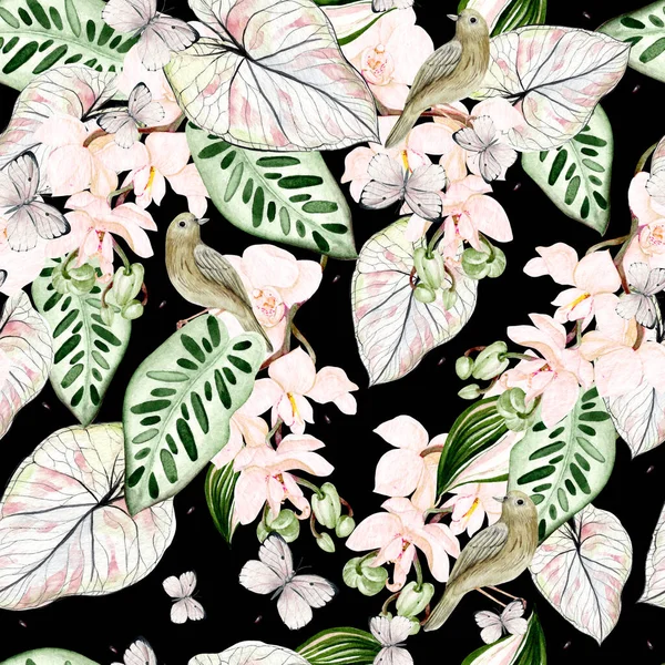 Schöne Aquarell Nahtlose Muster Mit Tropischen Blättern Orchideen Blume Vogel — Stockfoto