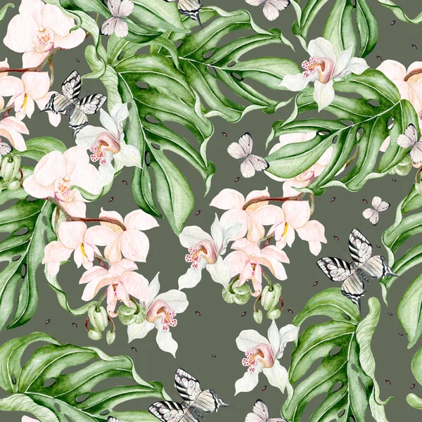Beautiful watercolor seamless pattern with tropical leaves, orchids flower and butterfly. Illustration