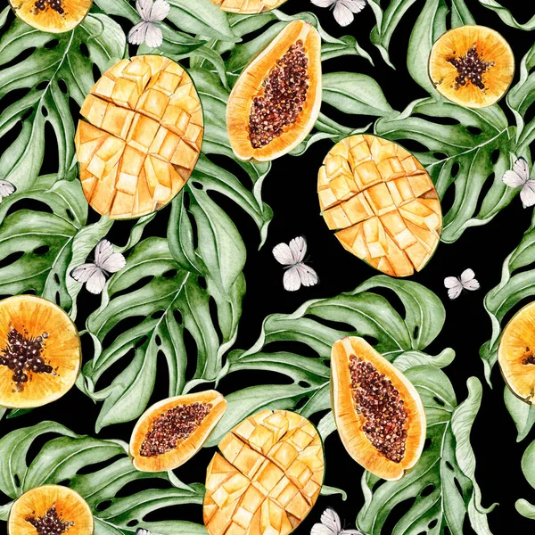 Schöne Aquarell Tropischen Muster Mit Früchten Papaya Und Mango Schmetterlinge — Stockfoto