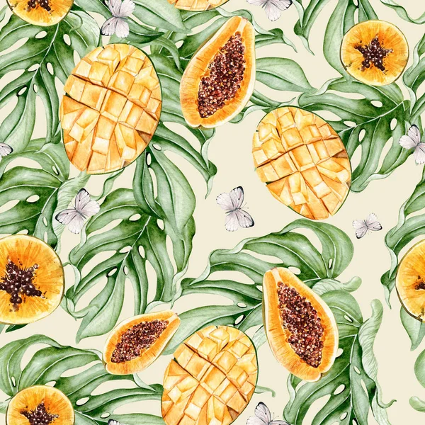 Hermoso Patrón Tropical Acuarela Con Frutas Papaya Mango Mariposas Ilustración — Foto de Stock