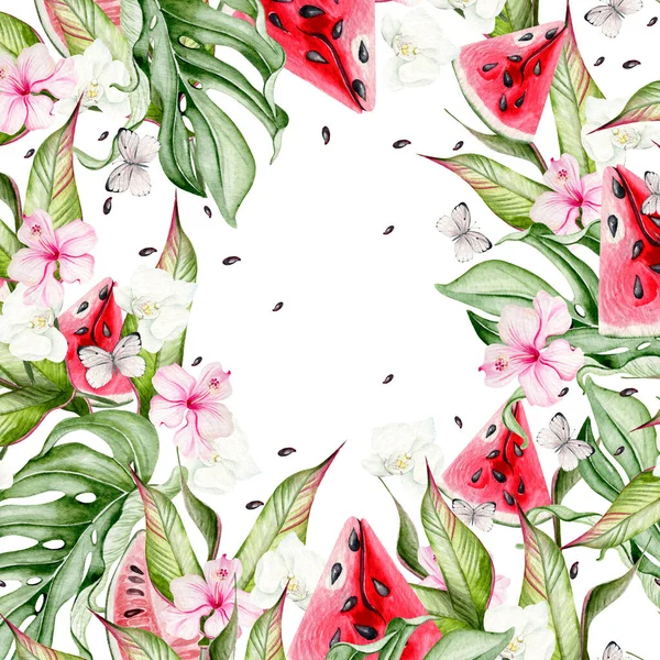 Sommer Aquarellkarte Mit Tropischen Blättern Wassermelonenscheiben Hibiskusblüten Und Schmetterlingen Illustration — Stockfoto