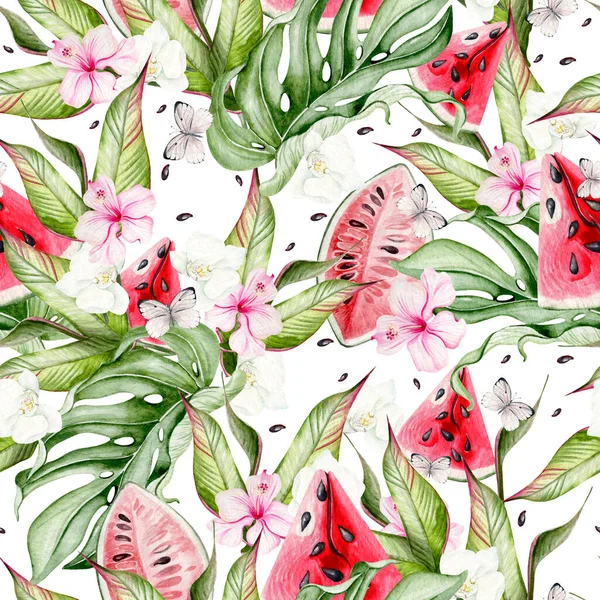 Sommer Aquarell Nahtloses Muster Mit Tropischen Blättern Wassermelonenscheiben Hibiskusblüten Und — Stockfoto