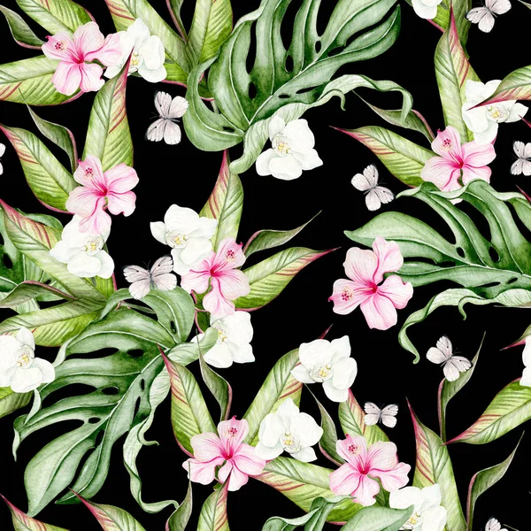 Prachtig Aquarel Tropisch Patroon Met Hibiscus Bloemen Tropische Bladeren Llustratie — Stockfoto
