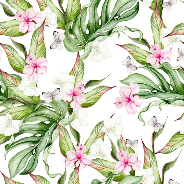 Krásný Akvarel Tropický Vzor Květy Ibišku Tropickými Listy Ilustrace — Stock fotografie