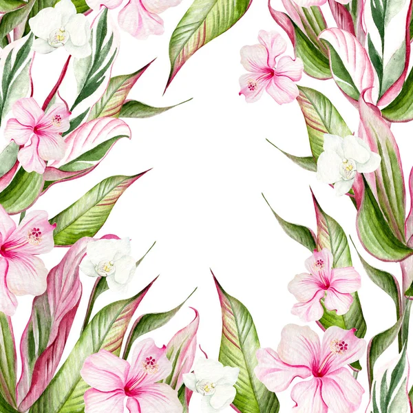 Schöne Tropische Aquarellkarte Mit Hibiskusblüten Und Tropischen Blättern Llustration — Stockfoto