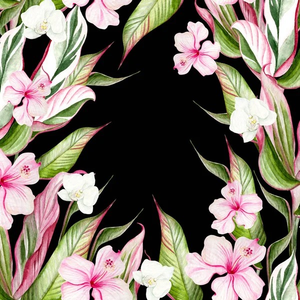 Prachtige Aquarel Tropische Kaart Met Hibiscus Bloemen Tropische Bladeren Llustratie — Stockfoto