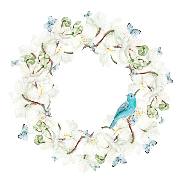 Belle Couronne Aquarelle Avec Des Fleurs Orchidée Blanches Des Papillons — Photo