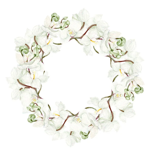 Piękny Wieniec Akwarelowy Białymi Kwiatami Storczyków Ilustracja — Zdjęcie stockowe