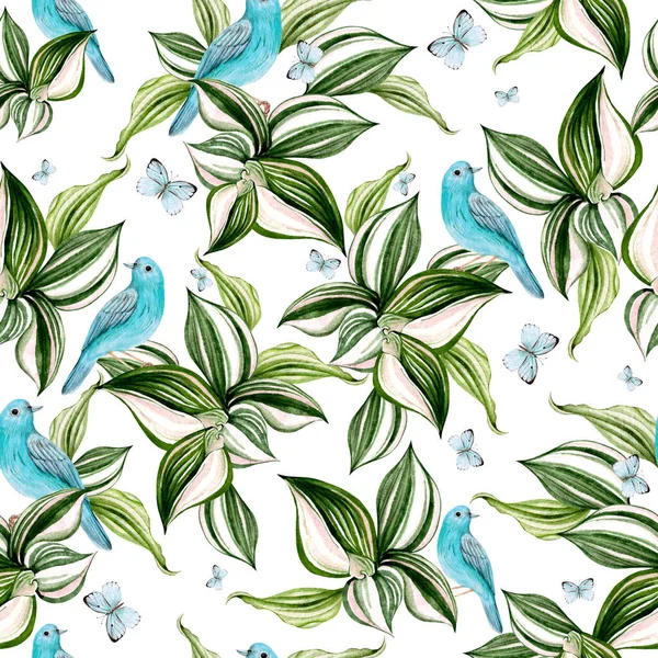 Vackert Akvarellkort Med Gröna Blad Blå Fåglar Och Fjärilar Illustration — Stockfoto