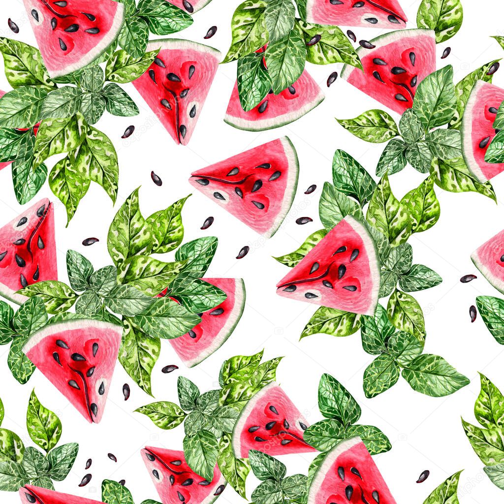 Summer watercolor seamless pattern with tropical leaves, slices of watermelon and green leaves. Illustration