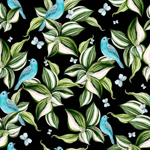 Prachtige Aquarelkaart Met Groene Bladeren Blauwe Vogels Vlinders Illustratie — Stockfoto
