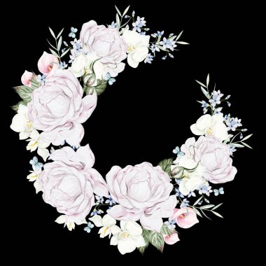 Güzel suluboya çelenkler, orkideler, şakayıklar, kalla ve mavi çiçekler. Görüntü