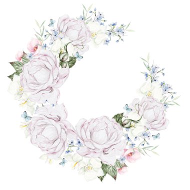 Güzel suluboya çelenkler, orkideler, şakayıklar, kalla ve mavi çiçekler. Görüntü