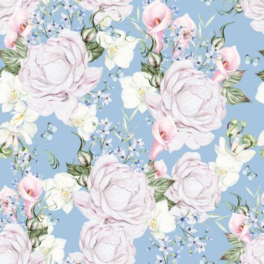 Güller, şakayıklar ve mavi çiçeklerle suluboya desenleri çok güzel. Görüntü