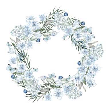 Mavi çiçekli ve yapraklı güzel suluboya çelenk. Görüntü