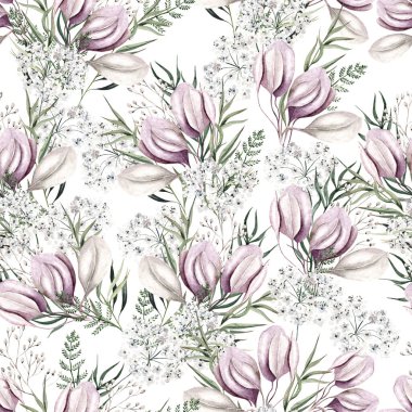 Çiçekler ve yapraklarla dikişsiz güzel bir suluboya desen. Görüntü