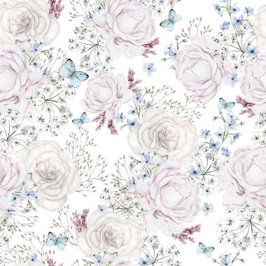 Güzel suluboya desenli gül, kelebek ve mavi çiçekler beni unutma. Görüntü