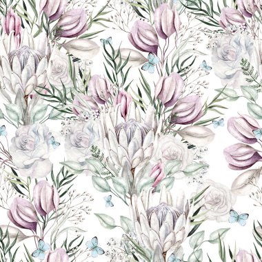 Gül, protea çiçeği ve okaliptüs yapraklı güzel sulu boya deseni. Görüntü