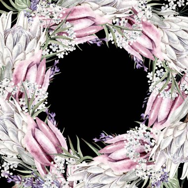 Beyaz çiçekli güzel suluboya çelenk gypthe, protea ve yapraklar. Görüntü