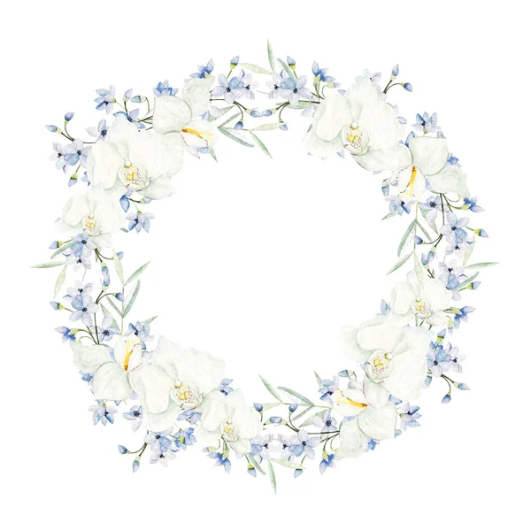 Piękny Akwarelowy Wieniec Orchideą Kończą Niebieskie Kwiaty Ilustracja — Zdjęcie stockowe