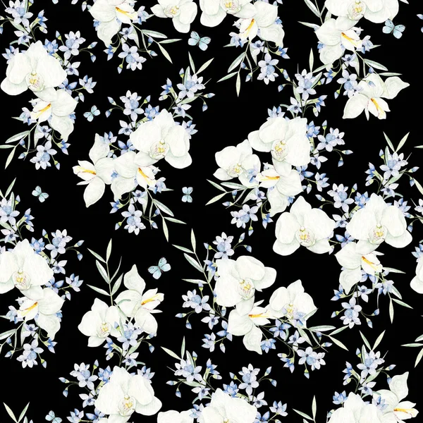 Красивий Акварельний Візерунок Орхідеєю Кінцями Синіх Квітів Ілюстрація — стокове фото