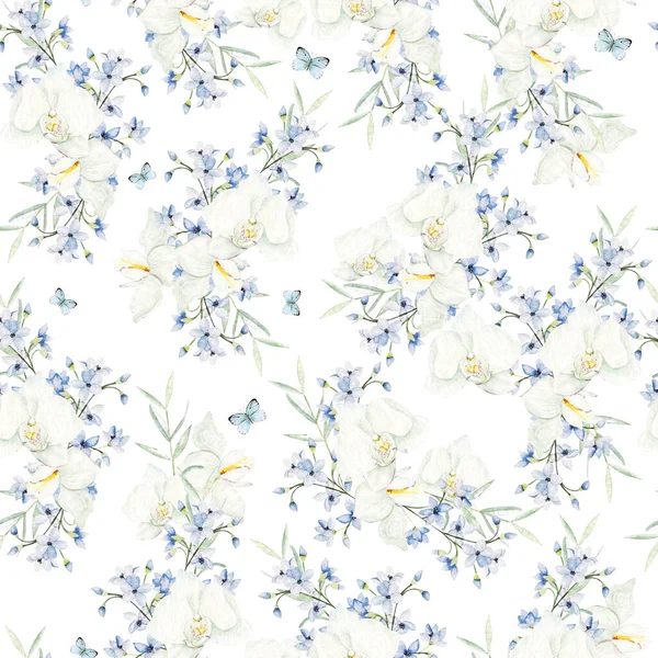 Schönes Aquarellmuster Mit Orchidee Und Blauen Blüten Illustration — Stockfoto
