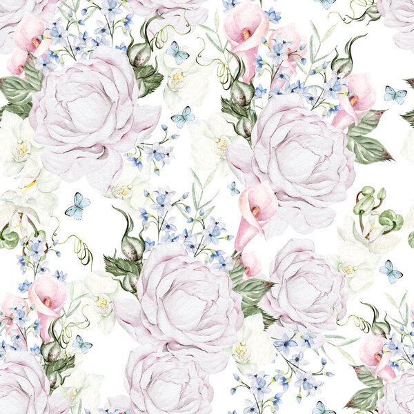 Beautiful watercolor pattern with roses, peony and blue flowers. Illustration