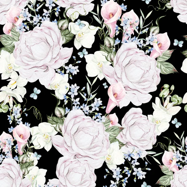 Piękny Akwarelowy Wzór Różami Piwonią Niebieskimi Kwiatami Ilustracja — Zdjęcie stockowe