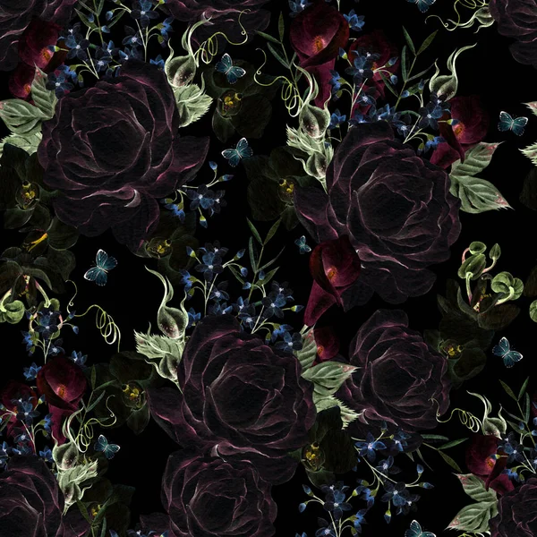 Όμορφο Σχέδιο Ακουαρέλα Τριαντάφυλλα Παιώνια Και Μπλε Λουλούδια Εικονογράφηση — Φωτογραφία Αρχείου