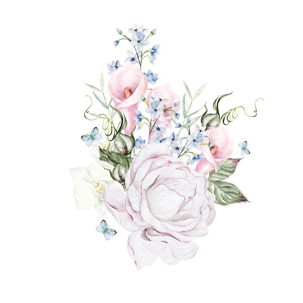 Prachtige Aquarel Boeket Met Orchideeën Pioen Calla Blauwe Bloemen Illustratie — Stockfoto